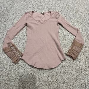 We the Free Kyoto Cuff Thermal Long Sleeve Tee Sz S Pink Patchwork Boho